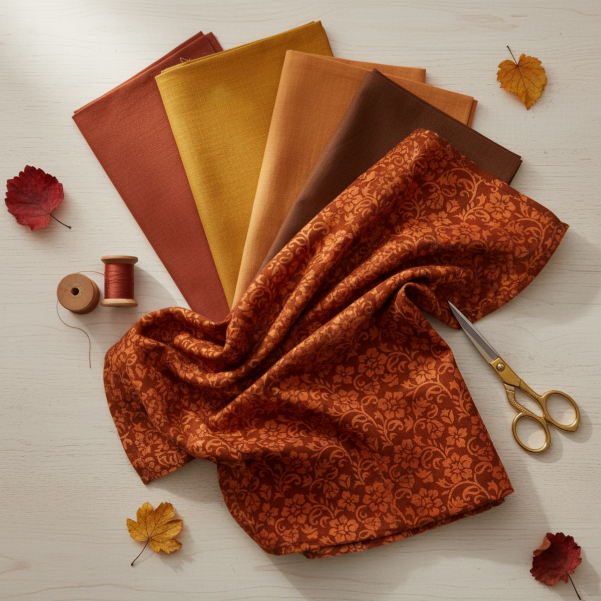 Prism II Rust Floral Vines 3 Yard Cut quilting cotton by Jason Yenter for In The Beginning Fabrics — shown in a coordinating fabric fan with Prism II Yellow Blooms, burgundy-plum botanical, and violet-magenta daisy-vine stripe fabrics, with rust, amber, and gold thread spools.
