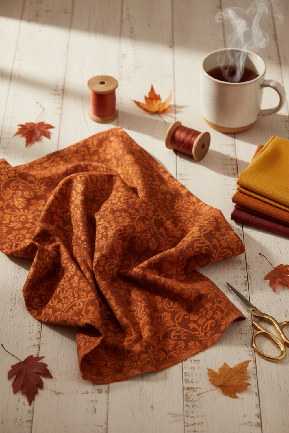 Prism II Rust Floral Vines 3 Yard Cut quilting cotton by Jason Yenter for In The Beginning Fabrics — loosely draped on a warm white wooden surface with coordinating mustard, butterscotch, burgundy, and warm brown fabric swatches, rust thread spools, gold scissors, dried autumn leaves, and a mug of tea in a warm cozy sewing room.