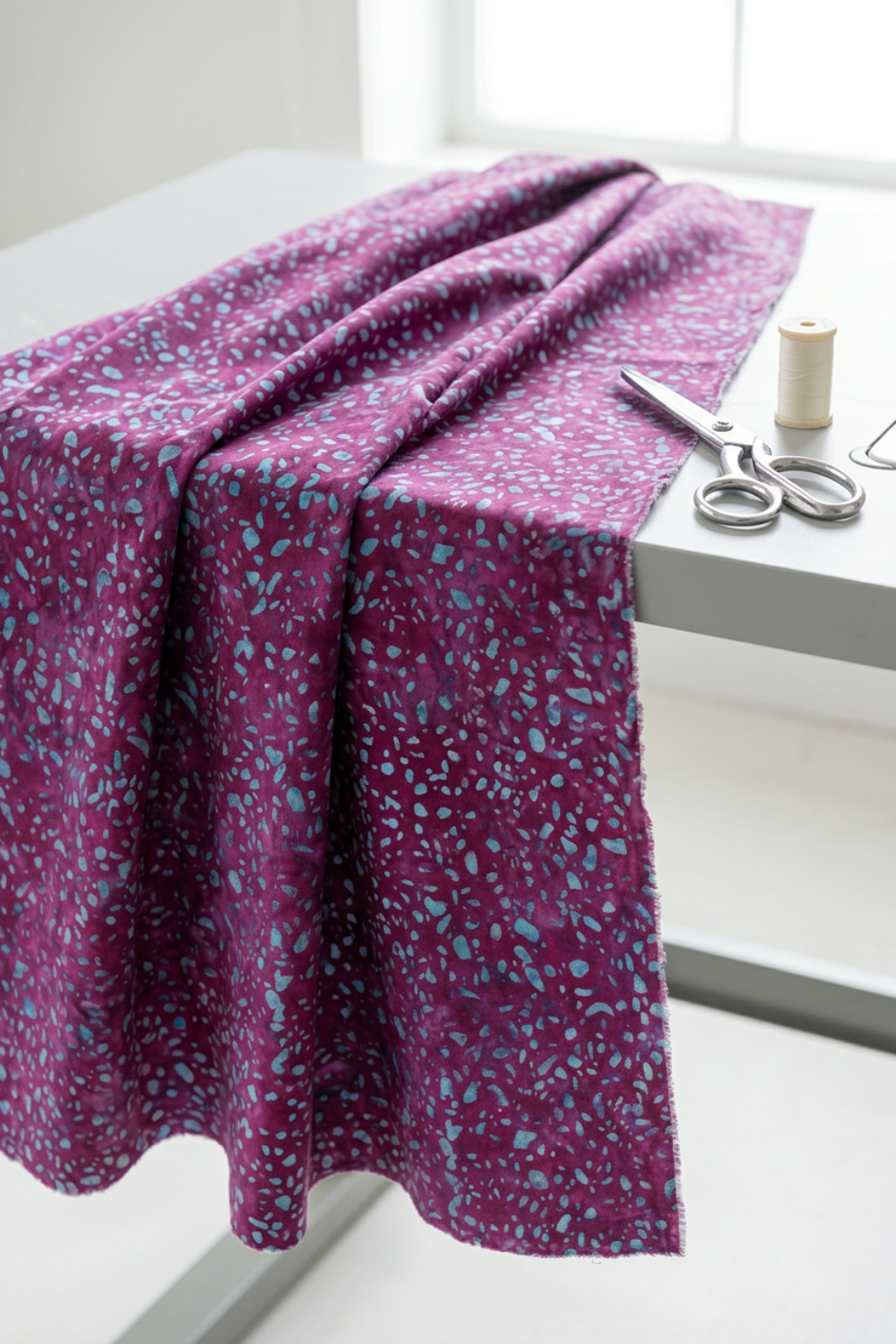 Terrazzo Purple Haze Fabric by Riley Blake Designs draped over a white sewing table beside silver scissors and an ivory thread spool.