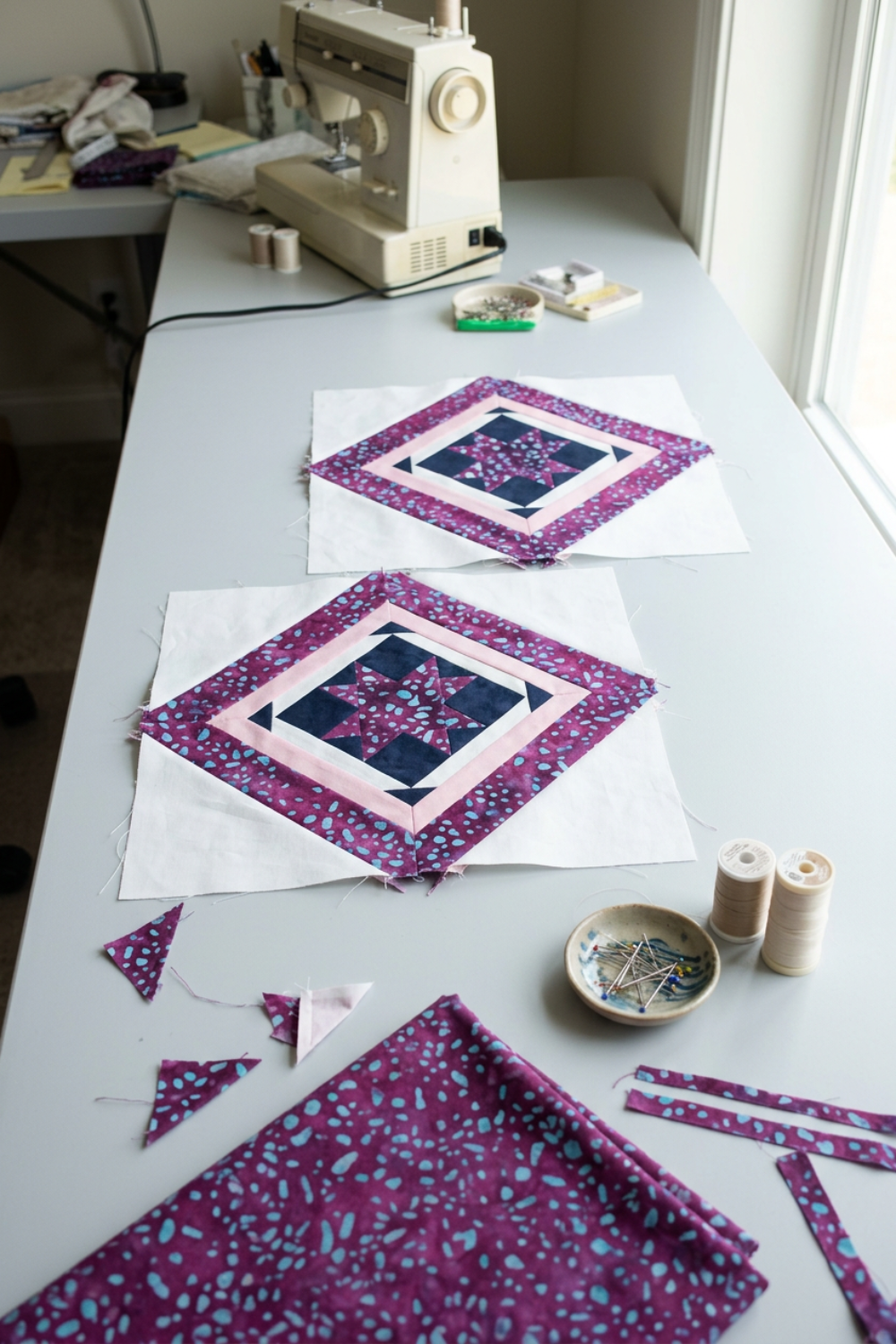 Two unfinished diamond-framed star blocks with Purple Haze accents lying on a sewing table beside fabric remnants, pins, thread, and a sewing machine. Quilt blocks shown for inspiration feature the Quartzite Quilt Pattern by Bear Hug Quiltworks, available at IraRobi Quilts.