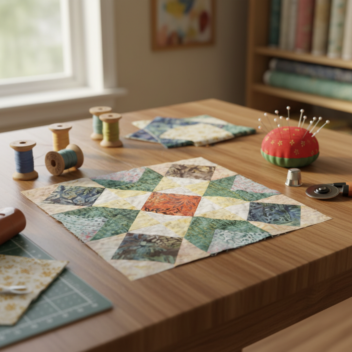 Quilt block featuring Garden of Dreams II Gold Buds fabric on a sewing-room table with thread spools, pins, pincushion, and fabric remnants. Quilt blocks shown for inspiration. Coordinating fabrics and quilt patterns are available at IraRobi Quilts.
