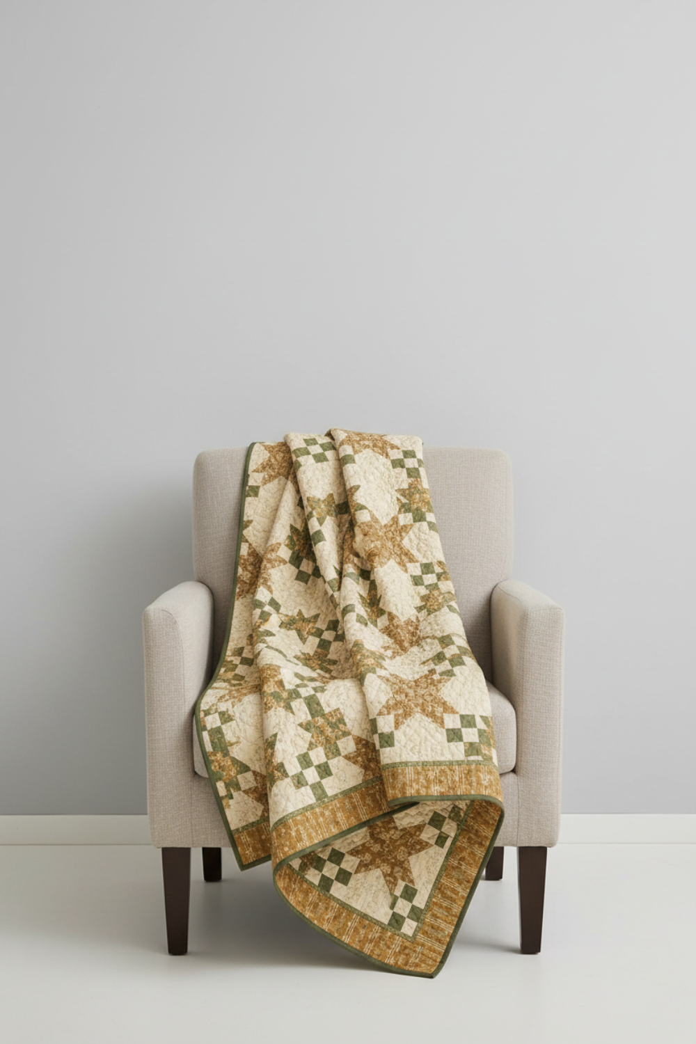 Traditional star quilt in a minimal living room setting — Front Porch collection by Dolores Smith for Marcus Fabrics, sage green, cream, and olive-gold coordinating quilting cottons, 100% cotton