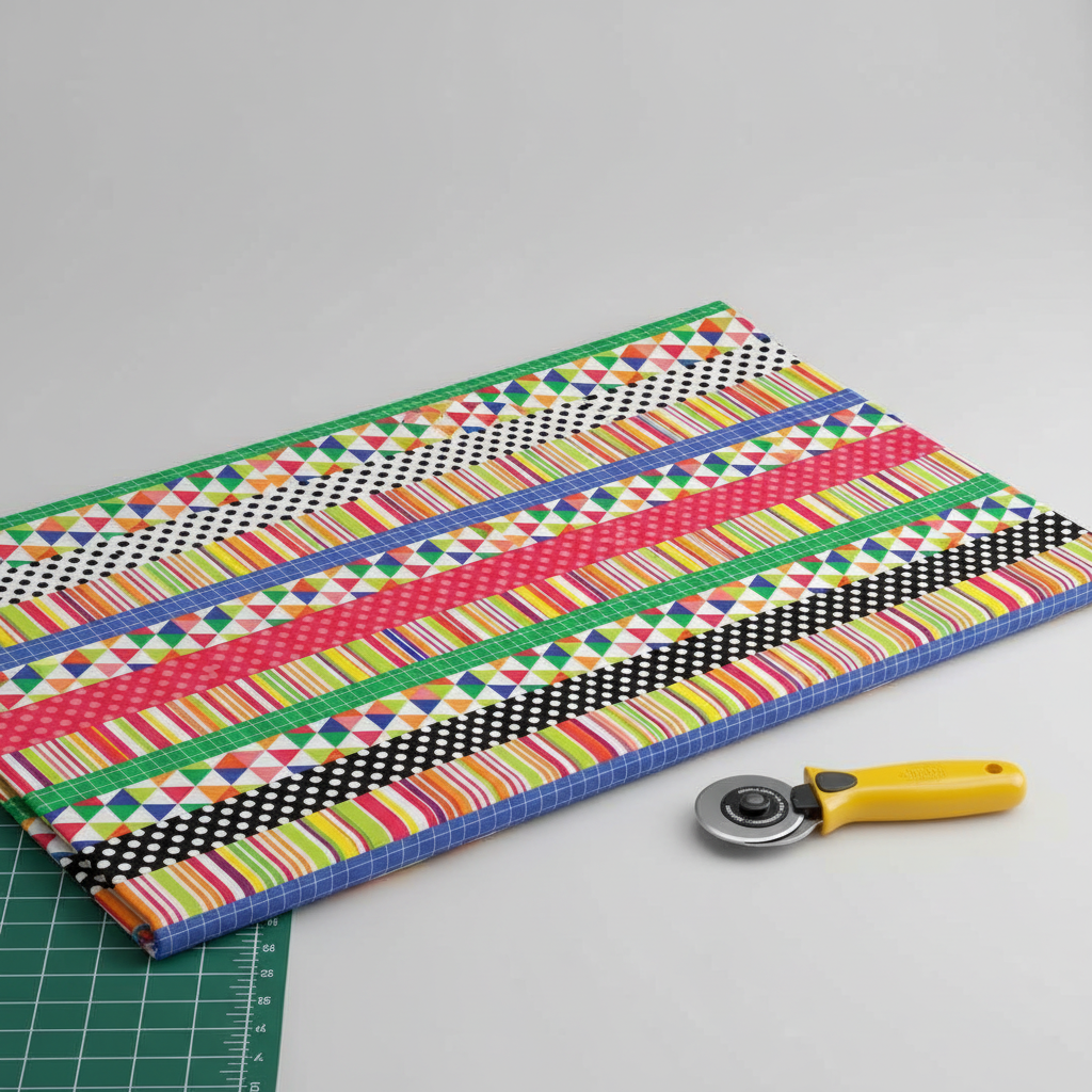 Safari Fun Playful Strip Multi quilting cotton partially folded on a cutting mat with a rotary cutter — multicolor geometric strip print by Terry Runyan for Benartex