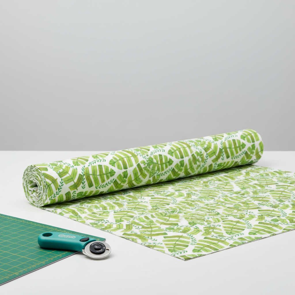 Safari Fun Jungle Leaves White quilting cotton rolled and partially unrolled with a teal rotary cutter and green cutting mat — watercolor tropical leaf print by Terry Runyan for Benartex