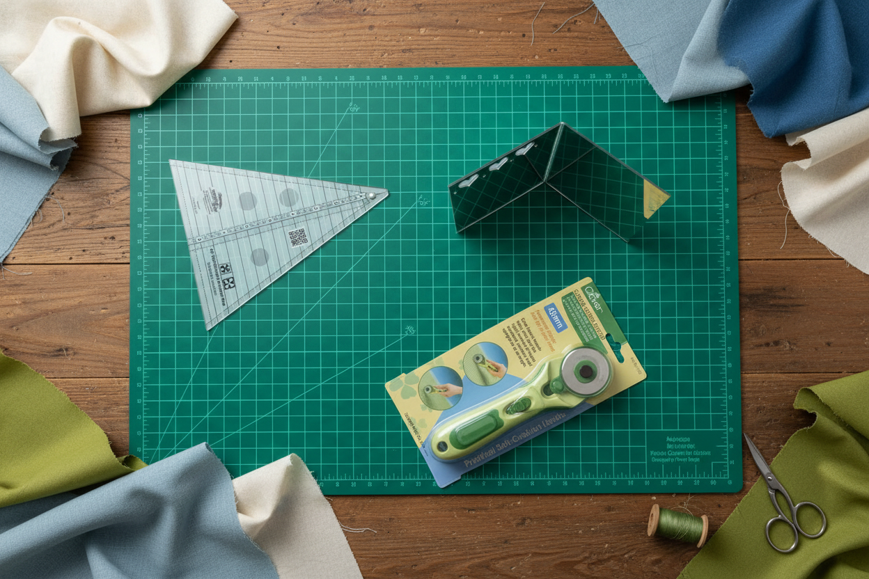 Creative Grids 45 degree Kaleidoscope ruler on cutting mat with rotary cutter for precision quilting