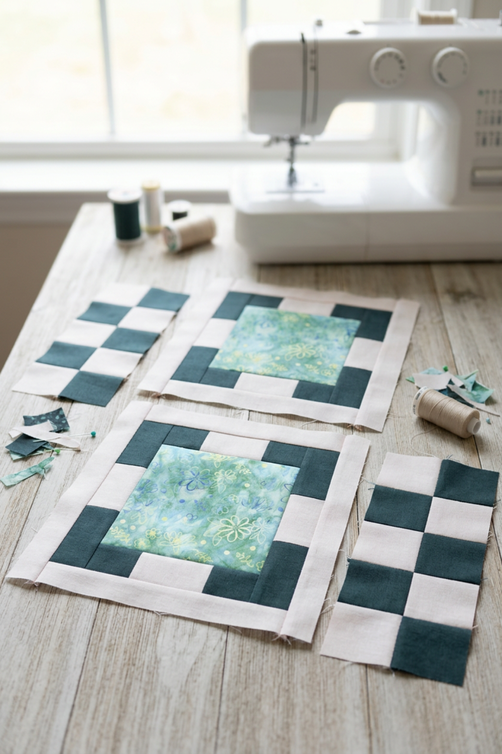 Two unfinished quilt blocks with Caribbean Shale daisy-print centers, light surrounds, and dark teal corner accents beside checkerboard sections, scraps, thread, and a sewing machine. Quilts shown for inspiration feature the Recipe Box Quilt Pattern by Bound to Be 