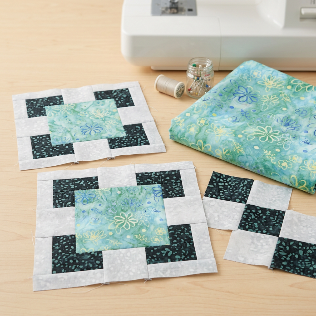 Unfinished quilt blocks with Caribbean Shale daisy-print centers, pale surrounds, and dark teal corner accents beside checkerboard pieces, folded fabric, pins, thread, and a sewing machine. Quilts shown for inspiration feature the Recipe Box Quilt Pattern by Bound to Be Quilting, available at IraRobi Quilts.
