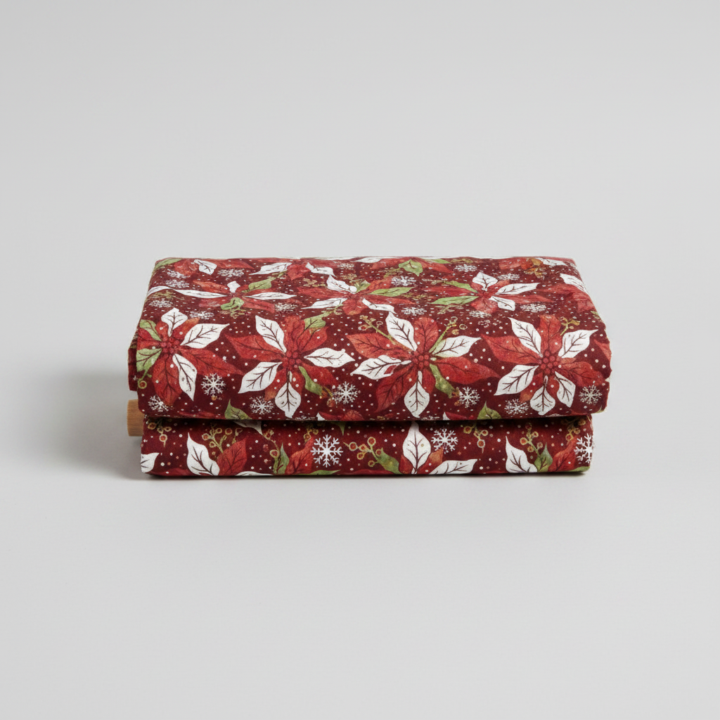 Winter Solstice II Red Poinsettia Metallic quilting cotton by Jason Yenter for In The Beginning Fabrics — folded fabric bolt showing kaleidoscopic poinsettia pinwheels in deep red, white, and forest green on rich burgundy with scattered white snowflakes and gold metallic berry sprigs, 100% cotton with metallic accents, 43–44" wide. Quilt blocks shown for inspiration. Coordinating fabrics and quilt patterns are available at IraRobi Quilts.
