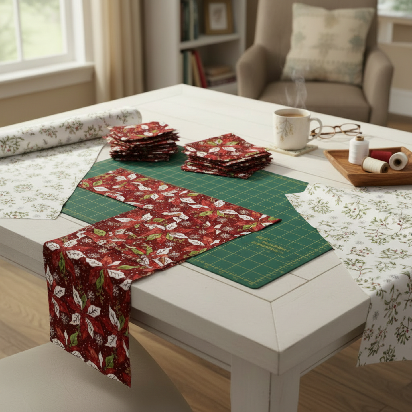 Winter Solstice II Red Poinsettia Metallic quilting cotton by Jason Yenter for In The Beginning Fabrics — fabric cut into squares on a cutting mat alongside coordinating white mistletoe sprig fabric, with rotary cutter, thread spools, and a steaming cup of tea in a cozy quilting workspace. Quilts shown for inspiration. Coordinating fabrics and quilt patterns are available at IraRobi Quilts.