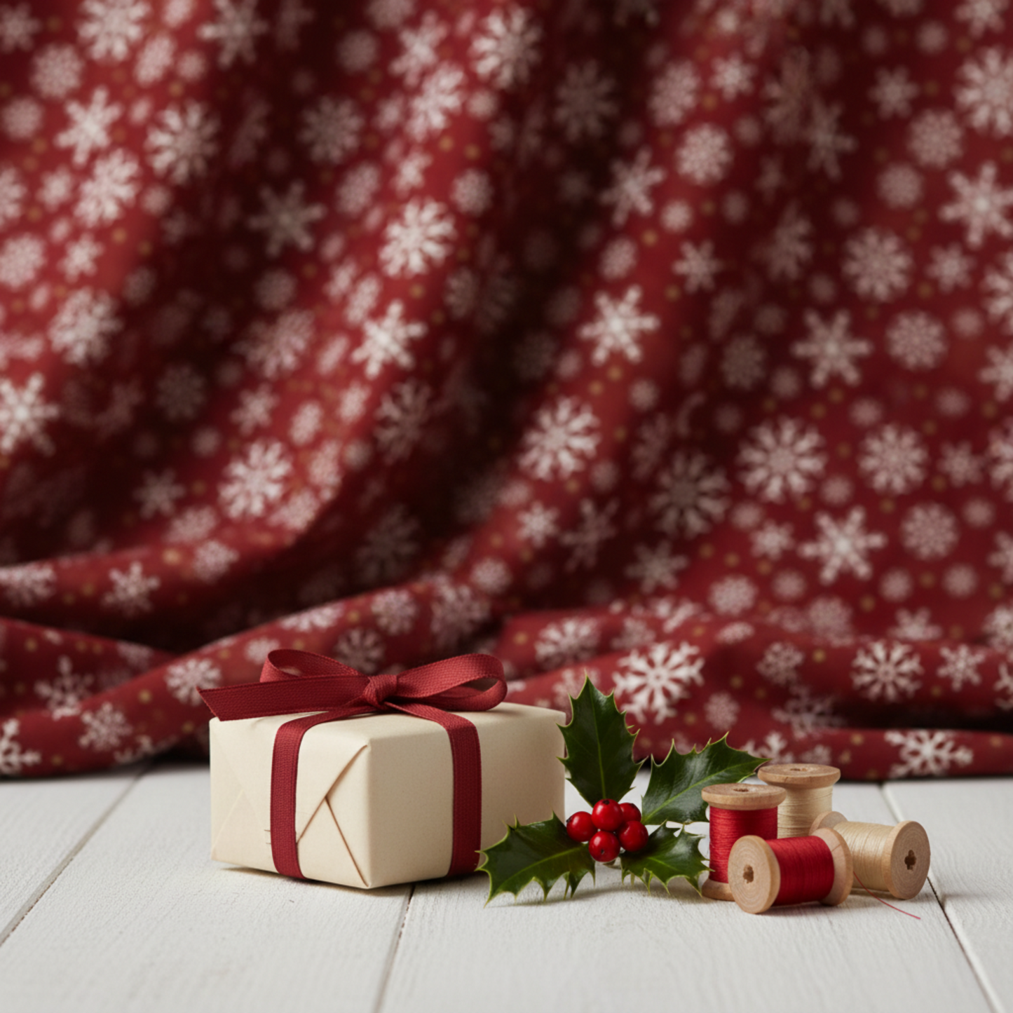 Winter Solstice II Red Snowflakes Metallic quilting cotton by Jason Yenter for In The Beginning Fabrics — fabric draped as a festive backdrop with a wrapped Christmas gift, fresh holly sprig, and coordinating thread spools in a warm holiday vignette. Quilt blocks shown for inspiration. Coordinating fabrics and quilt patterns are available at IraRobi Quilts.