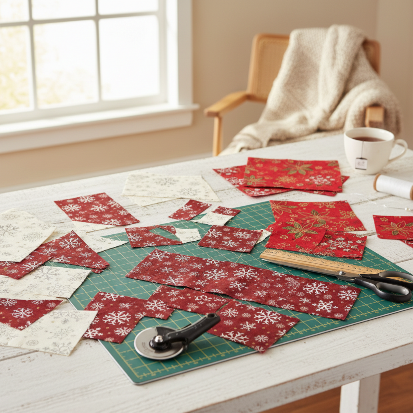 Winter Solstice II Red Snowflakes Metallic quilting cotton by Jason Yenter for In The Beginning Fabrics — fabric cut into squares alongside coordinating cream snowflake and red poinsettia metallic fabrics in a holiday quilt in progress, with rotary cutter and cutting mat. Quilts shown for inspiration. Coordinating fabrics and quilt patterns are available at IraRobi Quilts.