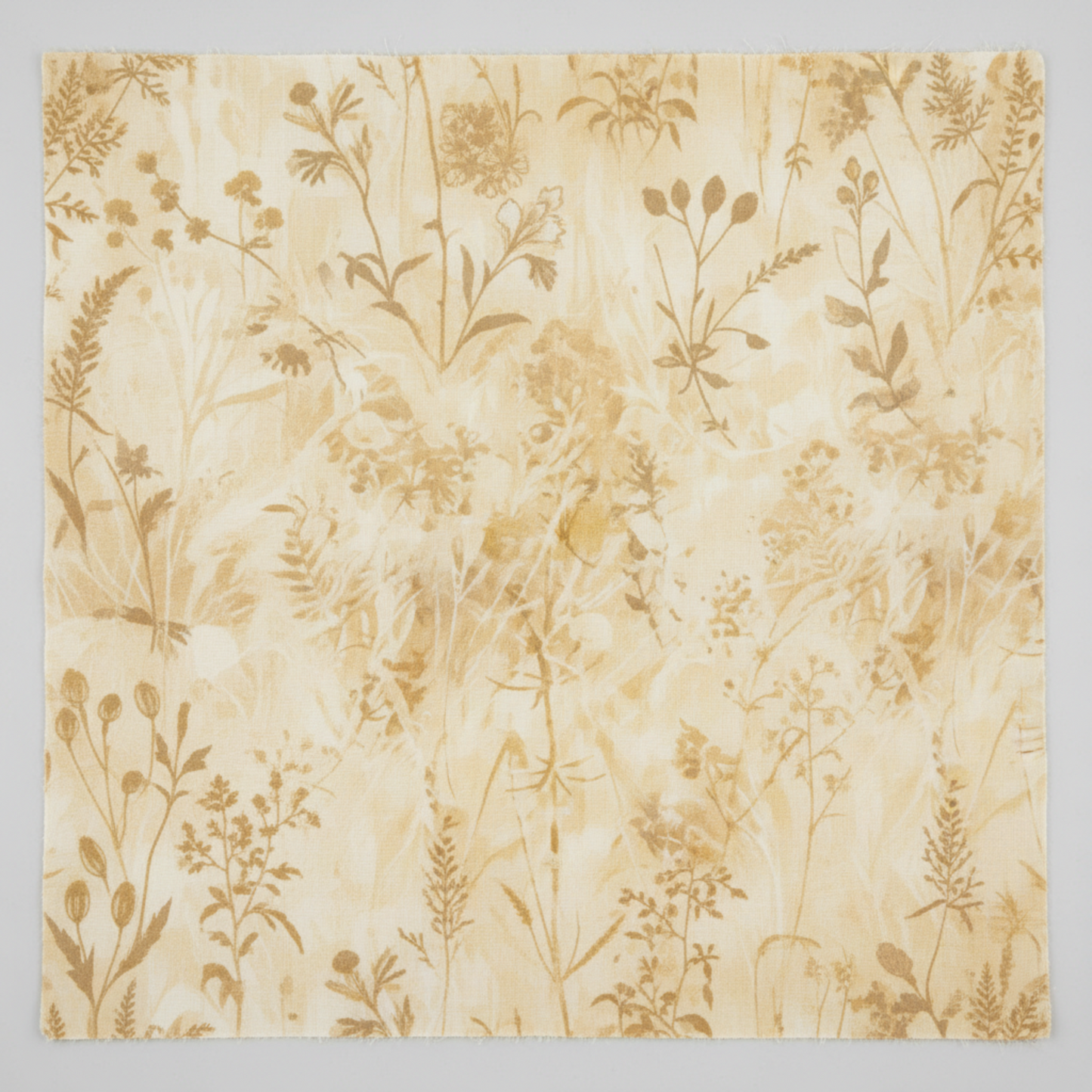 Reflections of Autumn II Twigs 3 Yard Cut quilting cotton by Jason Yenter for In The Beginning Fabrics — close-up flat lay showing tone-on-tone botanical silhouettes of wild grasses, slender twigs, delicate ferns, seed pods, and meadow botanicals in warm taupe and honey gold on soft warm cream and pale gold ground, 100% cotton, 43–44" wide.