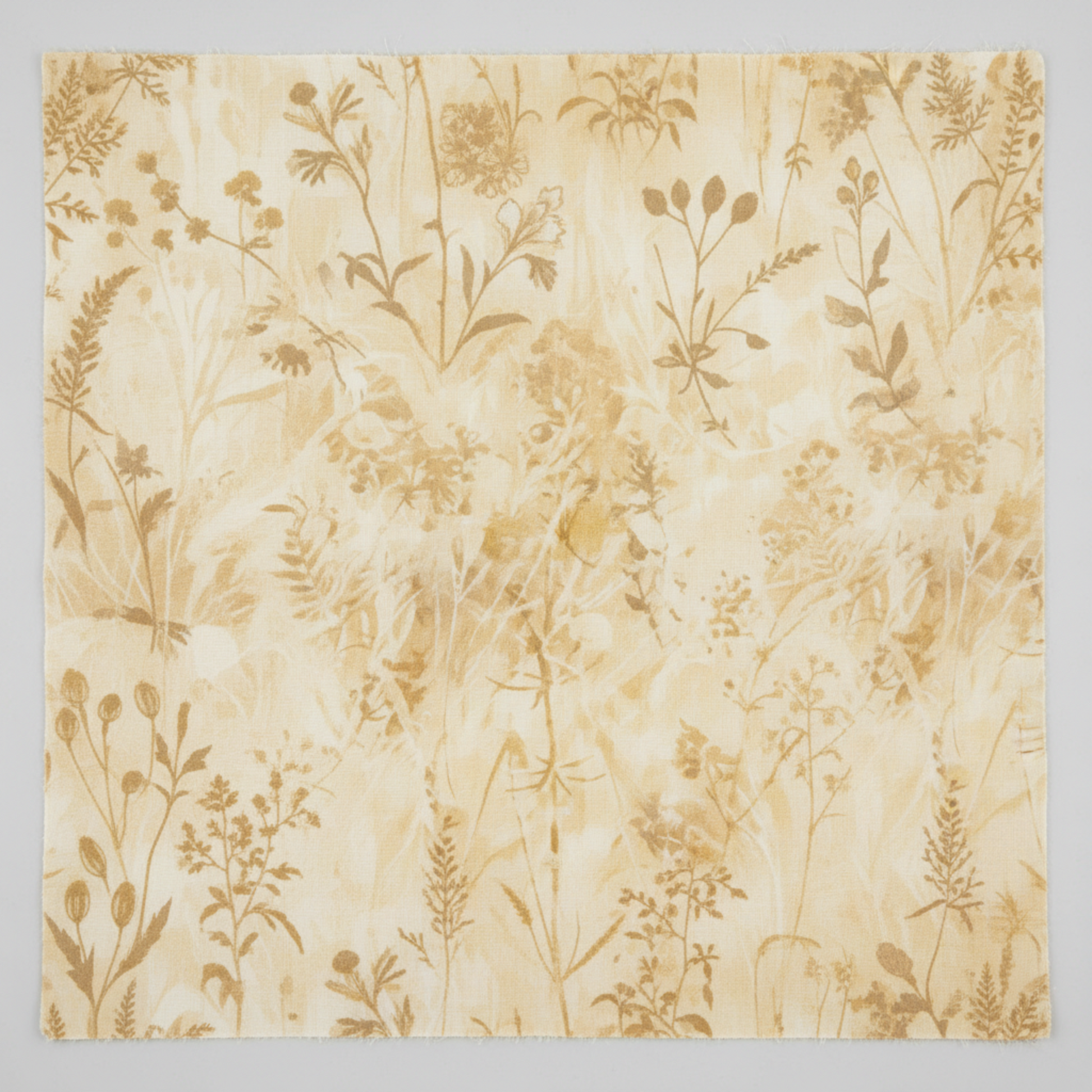 Reflections of Autumn II Twigs 3 Yard Cut quilting cotton by Jason Yenter for In The Beginning Fabrics — close-up flat lay showing tone-on-tone botanical silhouettes of wild grasses, slender twigs, delicate ferns, seed pods, and meadow botanicals in warm taupe and honey gold on soft warm cream and pale gold ground, 100% cotton, 43–44" wide.