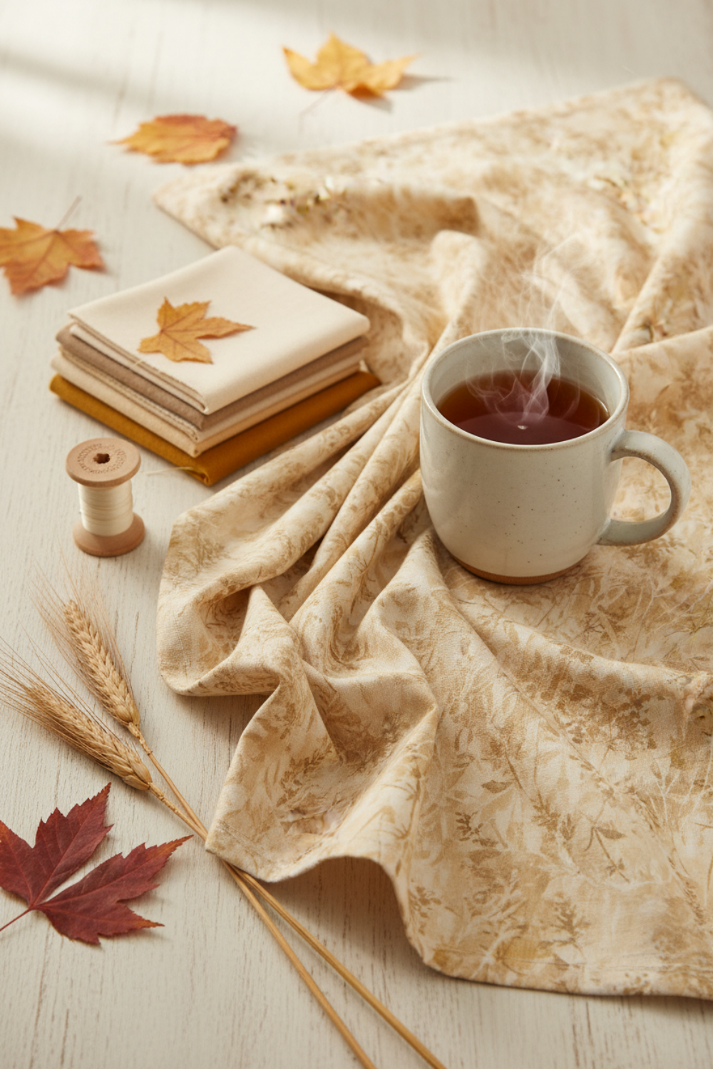 Reflections of Autumn II Twigs 3 Yard Cut quilting cotton by Jason Yenter for In The Beginning Fabrics — loosely draped on a warm white wooden surface with coordinating cream, taupe, and gold fabric swatches, cream thread spool, dried wheat stalks, pressed autumn leaves, and a mug of tea in a soft dreamy sewing room.