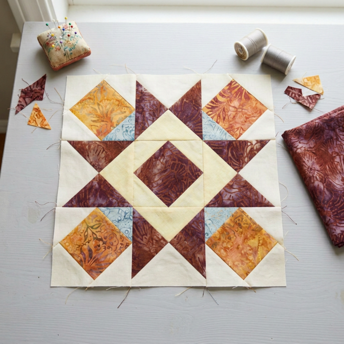 Unfinished star quilt block in cream, gold, pale blue, and burgundy on a sewing table beside folded Poppy Seeds Raisin fabric, remnants, pins, and thread. Quilt blocks shown for inspiration. Coordinating fabrics and quilt patterns are available at IraRobi Quilts.