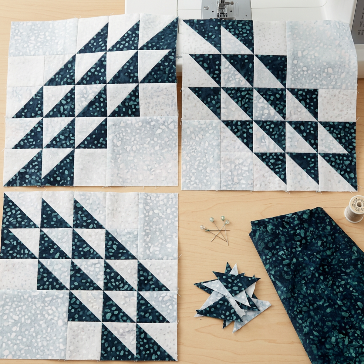 Three unfinished ocean-wave quilt blocks in dark teal and pale blue-gray batiks on a sewing table with folded Smoky Teal fabric, scraps, pins, and thread. Quilts shown for inspiration feature the Kelley Quilt Pattern by Edyta Sitar of Laundry Basket Quilts, available at IraRobi Quilts.