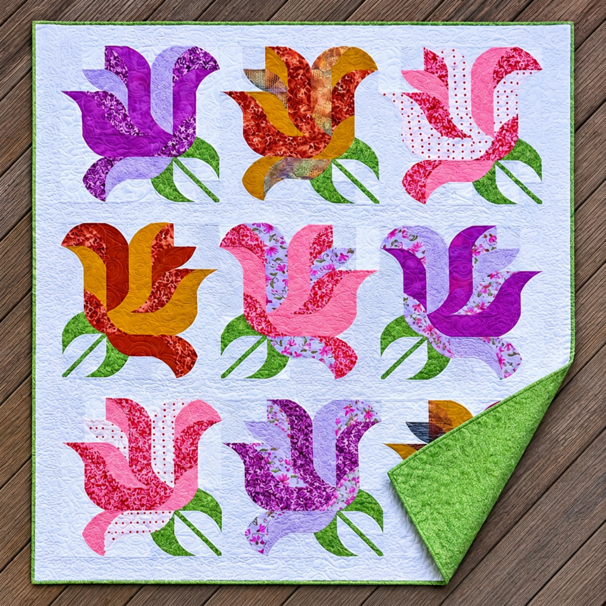 Rose Garden quilt laid on wooden decking with a corner folded back to reveal its green patterned backing and coordinating binding.