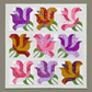 Rose Garden handmade quilt with nine pink, purple, and golden-toned rose blocks, green leaves, and green binding on a warm grey background.