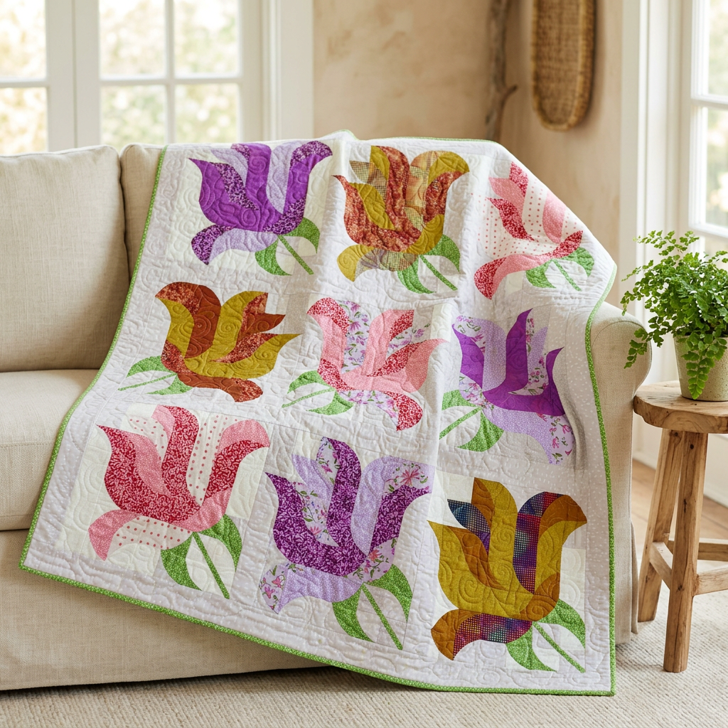 Rose Garden floral quilt draped over a cream sofa beside a wooden table with a potted fern in a sunlit room.