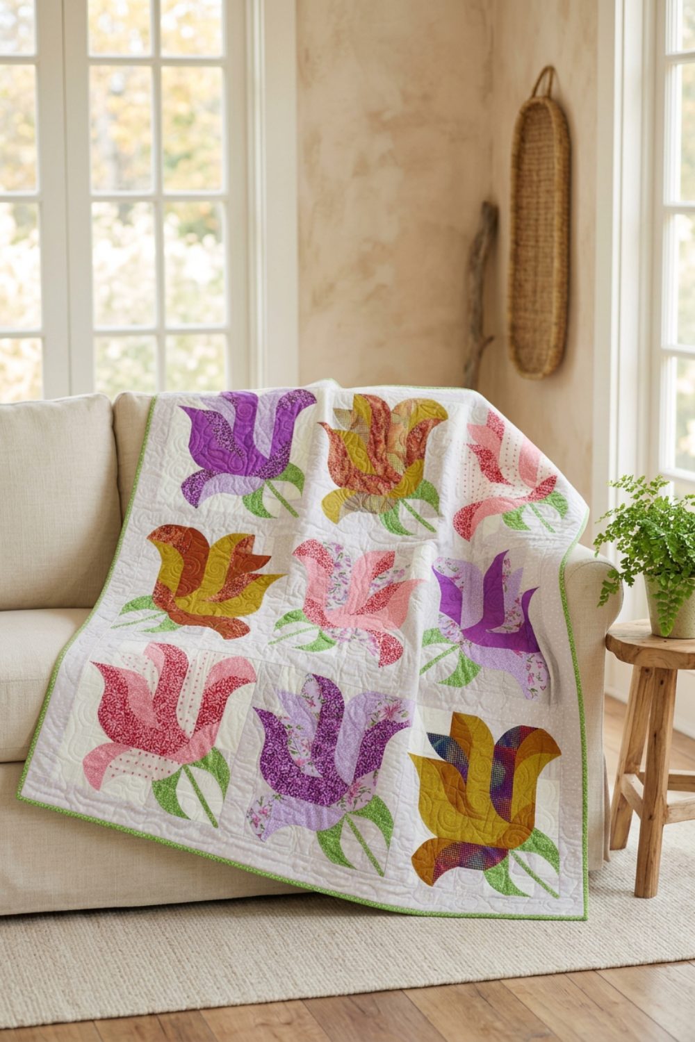 Rose Garden floral quilt draped over a cream sofa beside a wooden table with a potted fern in a sunlit room.