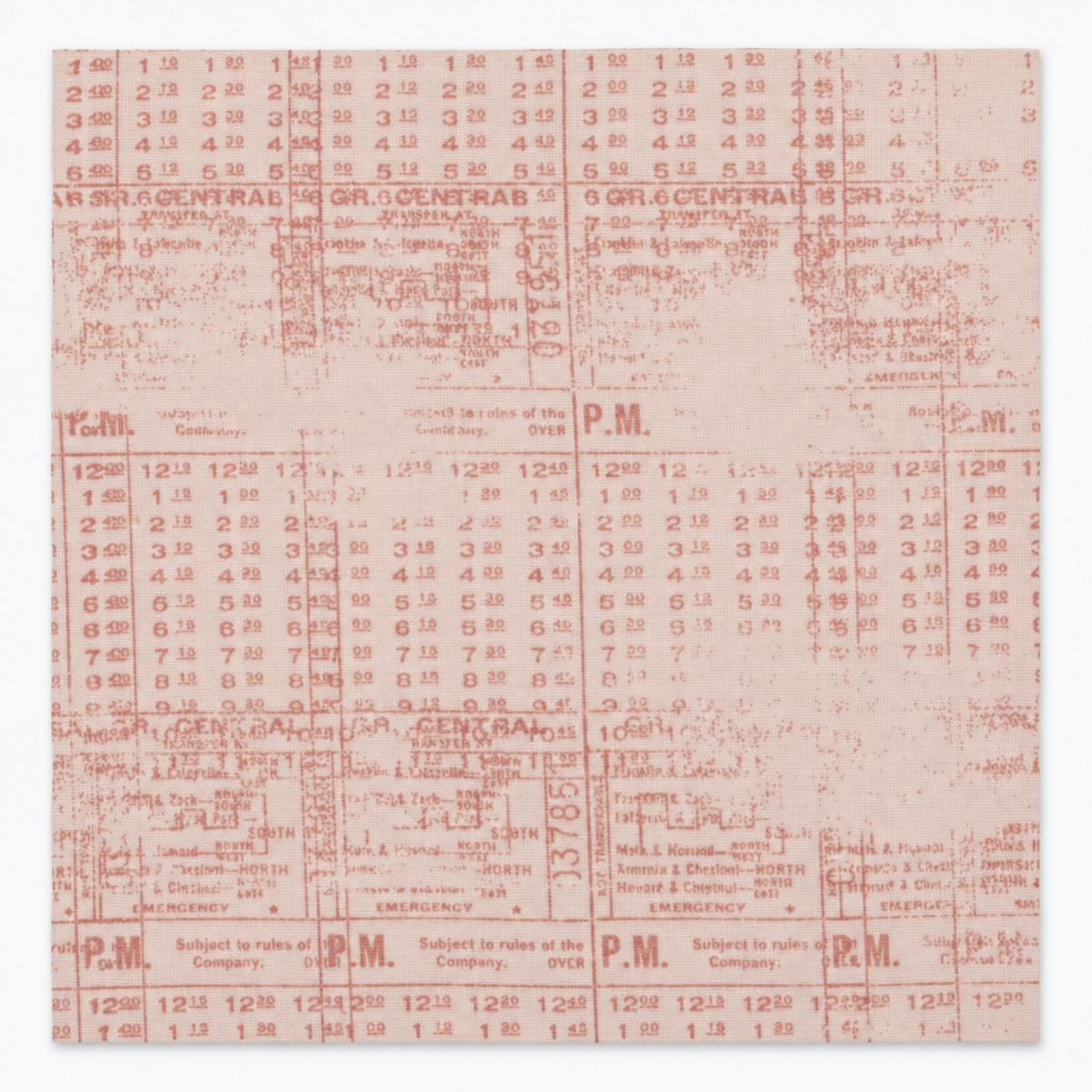 Celestial Stamps Text Rose Quartz fabric by Zen Chic for Moda Fabrics, featuring dusty-rose timetable numbers, lettering, and grid marks on pale blush.