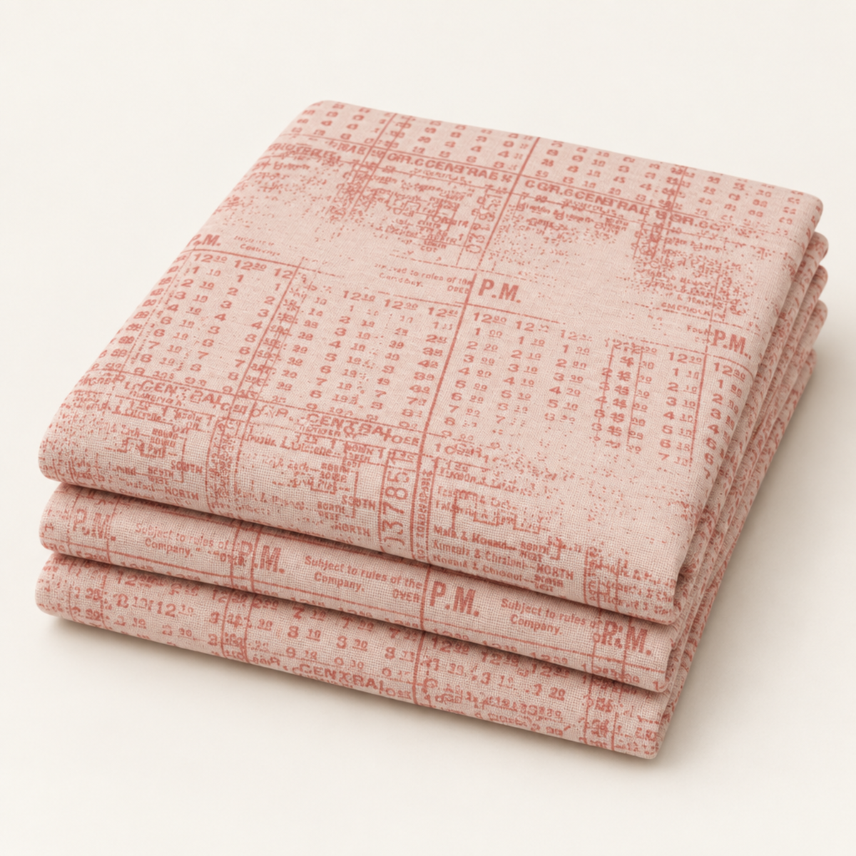 Folded Celestial Stamps Text Rose Quartz fabric by Zen Chic for Moda Fabrics, with dusty-rose timetable text and grid marks on pale blush.