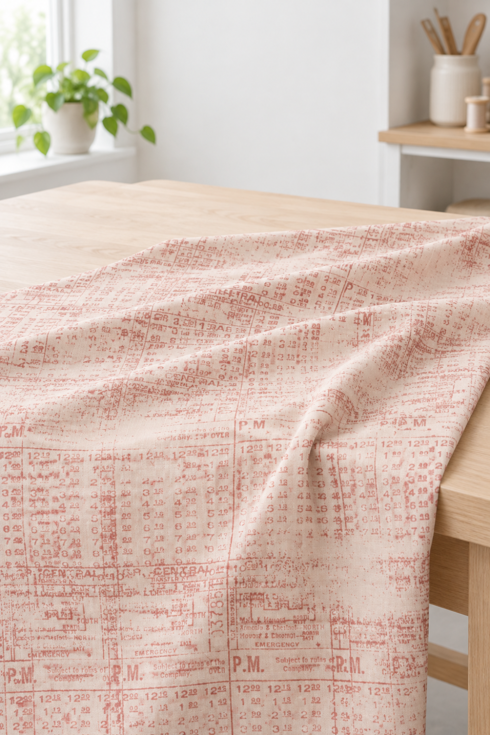 Vertical Pinterest photo of draped Celestial Stamps Text Rose Quartz fabric by Zen Chic for Moda Fabrics, featuring dusty-rose timetable text on pale blush.