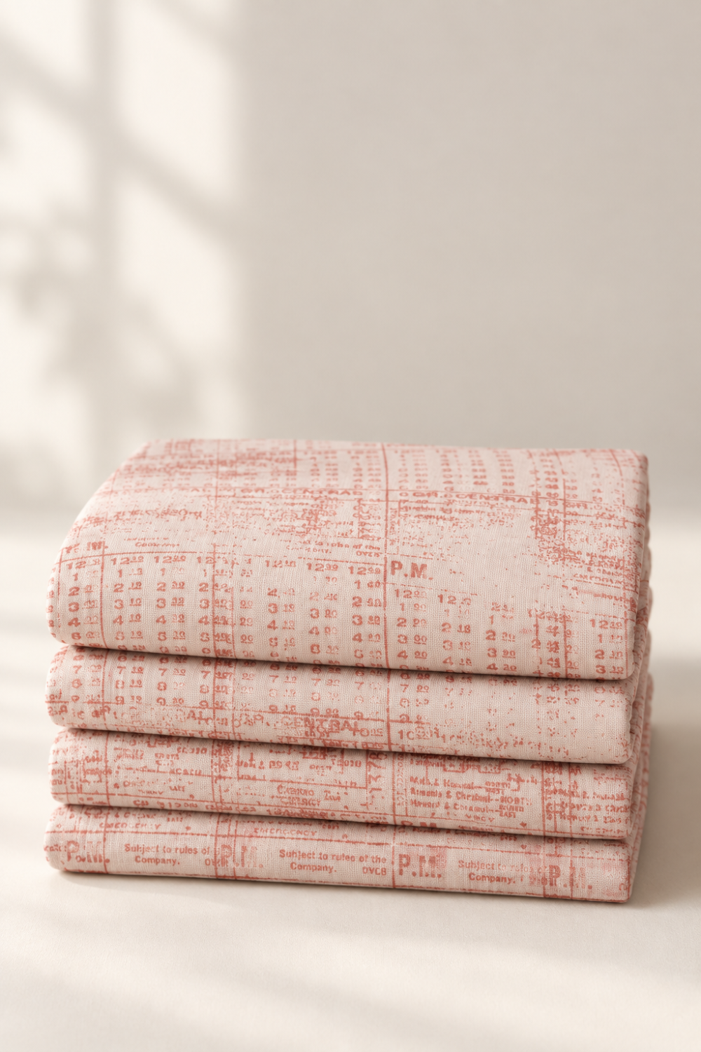 Vertical Pinterest photo of folded Celestial Stamps Text Rose Quartz fabric by Zen Chic for Moda Fabrics, with dusty-rose numbers, lettering, and grid marks on pale blush.