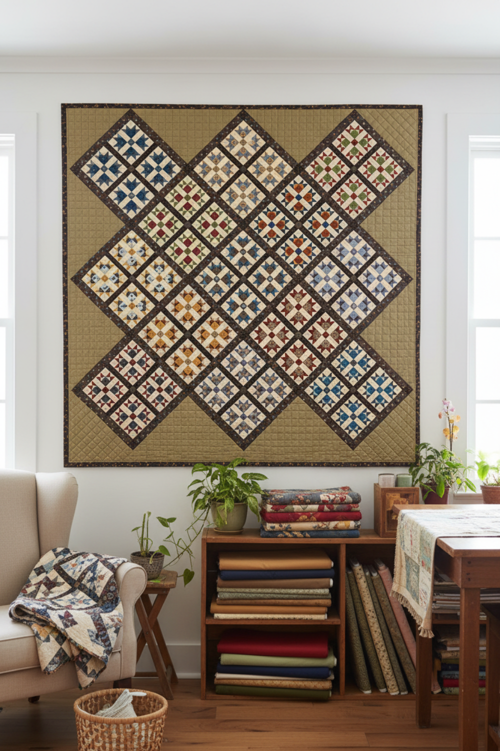 Rudy's Farm Quilt Pattern by Jill Shaulis for Yellow Creek Quilt Designs — 63"×63" scrappy snowflake block quilt displayed in a cozy farmhouse quilting room. Blocks in groups of four set on point in blues, reds, greens, golds, and purples on cream, with dark brown floral sashing and warm tan background. Quilt shown for inspiration. Available at IraRobi Quilts.