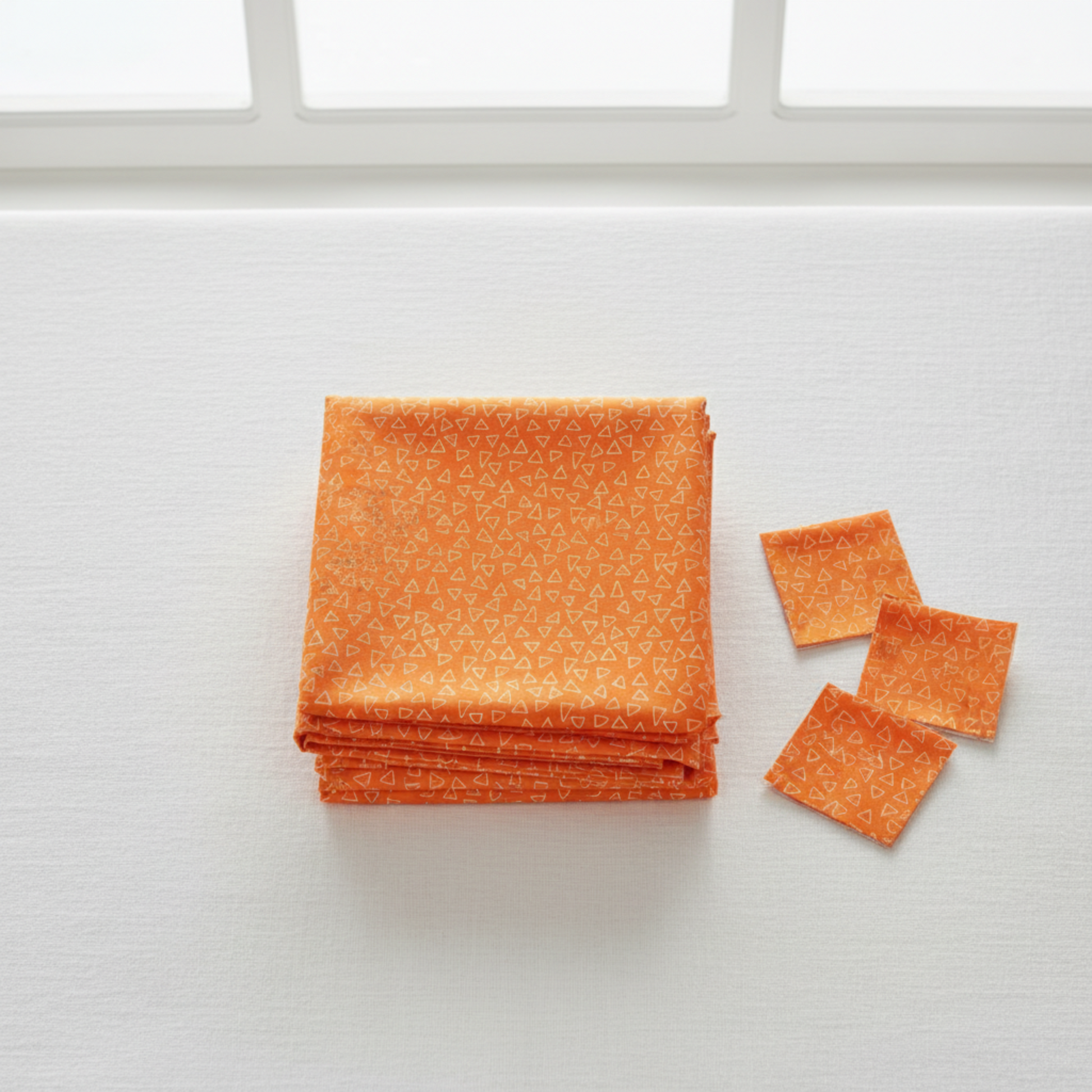 Safari Fun Floating Triangles Orange quilting cotton by Terry Runyan for Benartex — folded fabric stack showing vibrant orange with scattered white hand-drawn triangle outlines, 100% cotton. Quilt blocks shown for inspiration. Coordinating fabrics and quilt patterns are available at IraRobi Quilts.