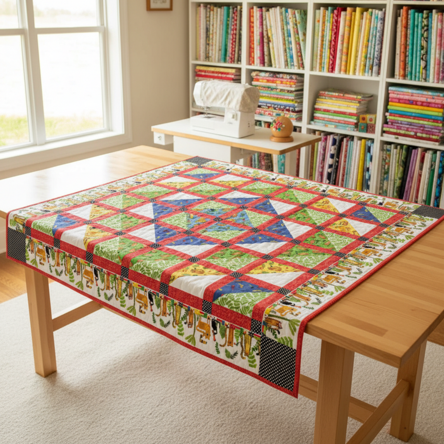 Finished Safari Fun child's quilt laid on a wooden cutting table in a bright quilting room — triangle star blocks with jungle leaves, blue, yellow, and green fabrics, red sashing — IraRobi Quilts