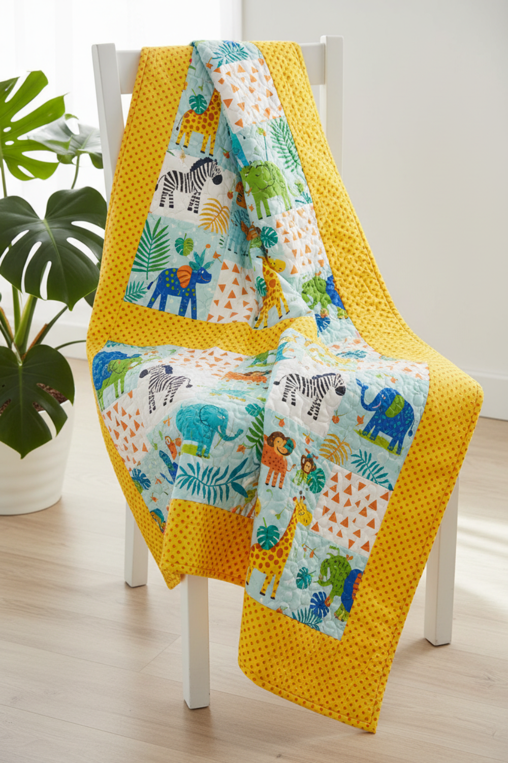 Children's quilt featuring Safari Fun Random Dots Yellow/Orange quilting cotton by Terry Runyan for Benartex as the border and sashing — bright sunny yellow with scattered orange polka dots — draped over a white chair with a monstera plant in the background. Quilts shown for inspiration. Coordinating fabrics and quilt patterns are available at IraRobi Quilts.