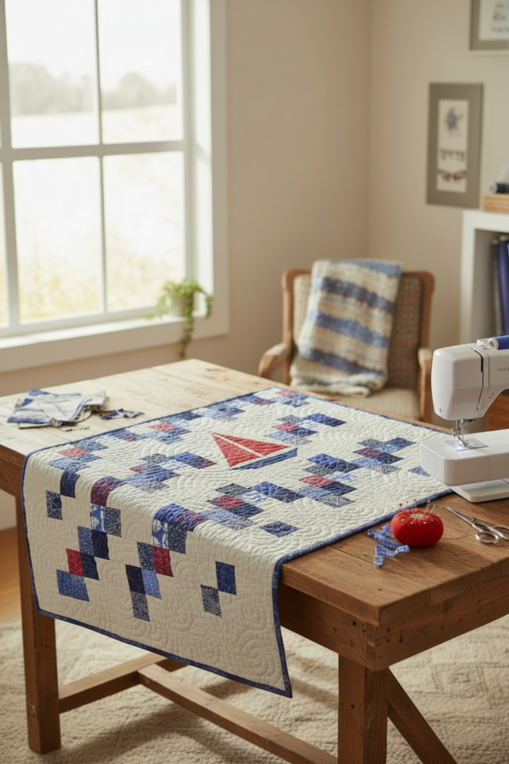 Interwoven Red Fabric by Jason Yenter for In The Beginning Fabrics as sailboat sails and red patchwork accents in a Sailing School quilt displayed on a sewing table — vivid true red crosshatch tonal blender with scarlet-to-warm-red depth, paired with navy and periwinkle scrappy plus blocks on a cream background. Quilts shown for inspiration feature the Sailing School Quilt Pattern by Joanne Kerton of Canuck Quilter Designs — available at IraRobi Quilts.