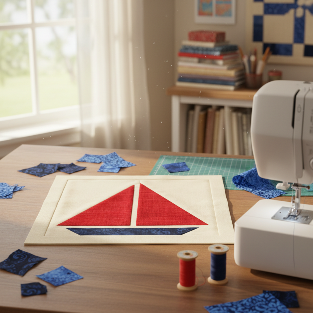 Interwoven Red Fabric by Jason Yenter for In The Beginning Fabrics featured as sailboat sails and red patchwork squares in a Sailing School quilt top in progress on a sewing table — vivid true red crosshatch tonal paired with navy, cobalt blue, and periwinkle batik plus blocks on a cream background. Quilts shown for inspiration feature the Sailing School Quilt Pattern by Joanne Kerton of Canuck Quilter Designs — available at IraRobi Quilts.