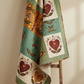 Vintage-inspired appliqué quilt featuring Scraps of Kindness fabrics by Kim Diehl for Henry Glass — hearts, leaves, and flower blocks in turquoise, sage green, cream, mustard, and burgundy traditional prints