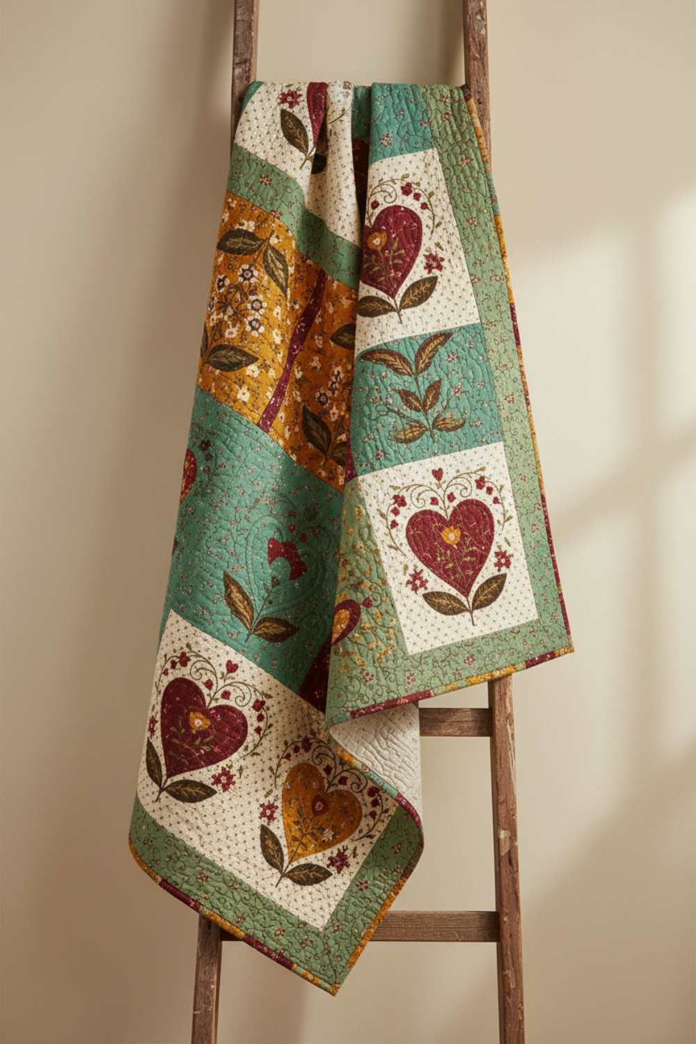 Vintage-inspired appliqué quilt featuring Scraps of Kindness fabrics by Kim Diehl for Henry Glass — hearts, leaves, and flower blocks in turquoise, sage green, cream, mustard, and burgundy traditional prints