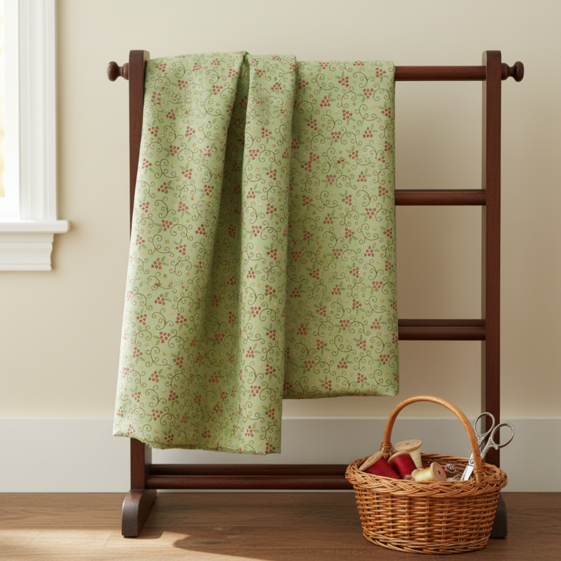 Scraps of Kindness Aqua Starry Vines quilting cotton draped over wooden quilt rack in traditional quilting room with notions — Kim Diehl for Henry Glass