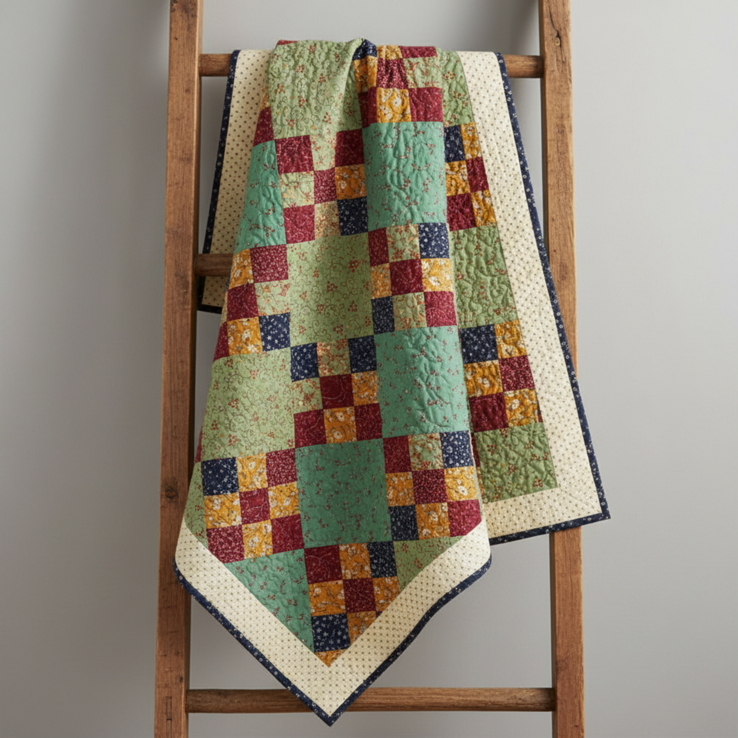 Vintage scrappy nine-patch quilt featuring Scraps of Kindness fabrics by Kim Diehl for Henry Glass — turquoise heart sprays, sage green starry vines, and cream cross grid with coordinating mustard, burgundy, and navy prints, draped over wooden quilt rack