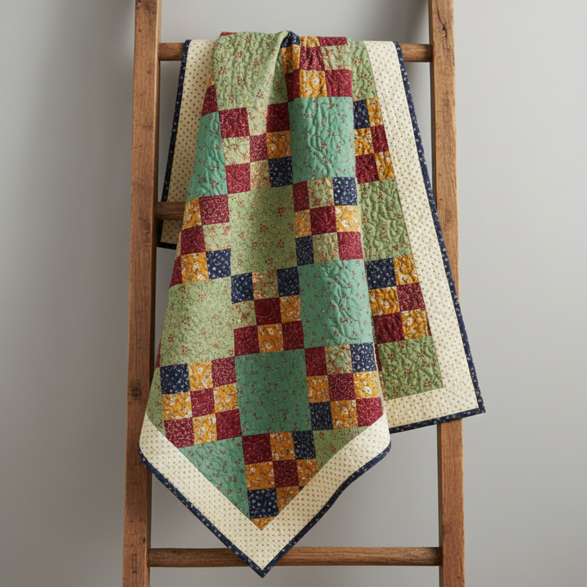 Vintage scrappy nine-patch quilt featuring Scraps of Kindness fabrics by Kim Diehl for Henry Glass — turquoise heart sprays, sage green starry vines, and cream cross grid with coordinating mustard, burgundy, and navy prints, draped over wooden quilt rack