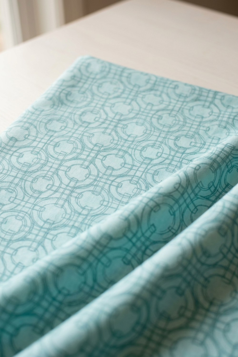 Close-up of Serena Shores Mist fabric by Robin Pickens for Moda Fabrics, softly draped in diagonal folds showing muted teal sketched linked rings on pale aqua cotton.