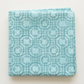Folded Serena Shores Mist fabric by Robin Pickens for Moda Fabrics on a light surface, showing muted teal linked rings and intersecting lines on pale aqua cotton.
