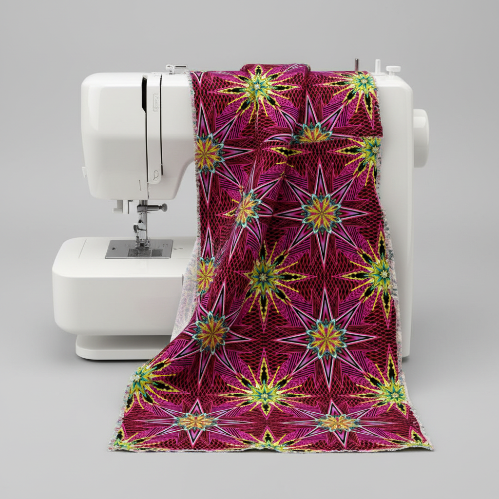 What If Radio Star Red/Multi fabric draped over sewing machine showing natural drape and body — bold magenta and crimson starburst quilting cotton by Paula Nadelstern for Benartex