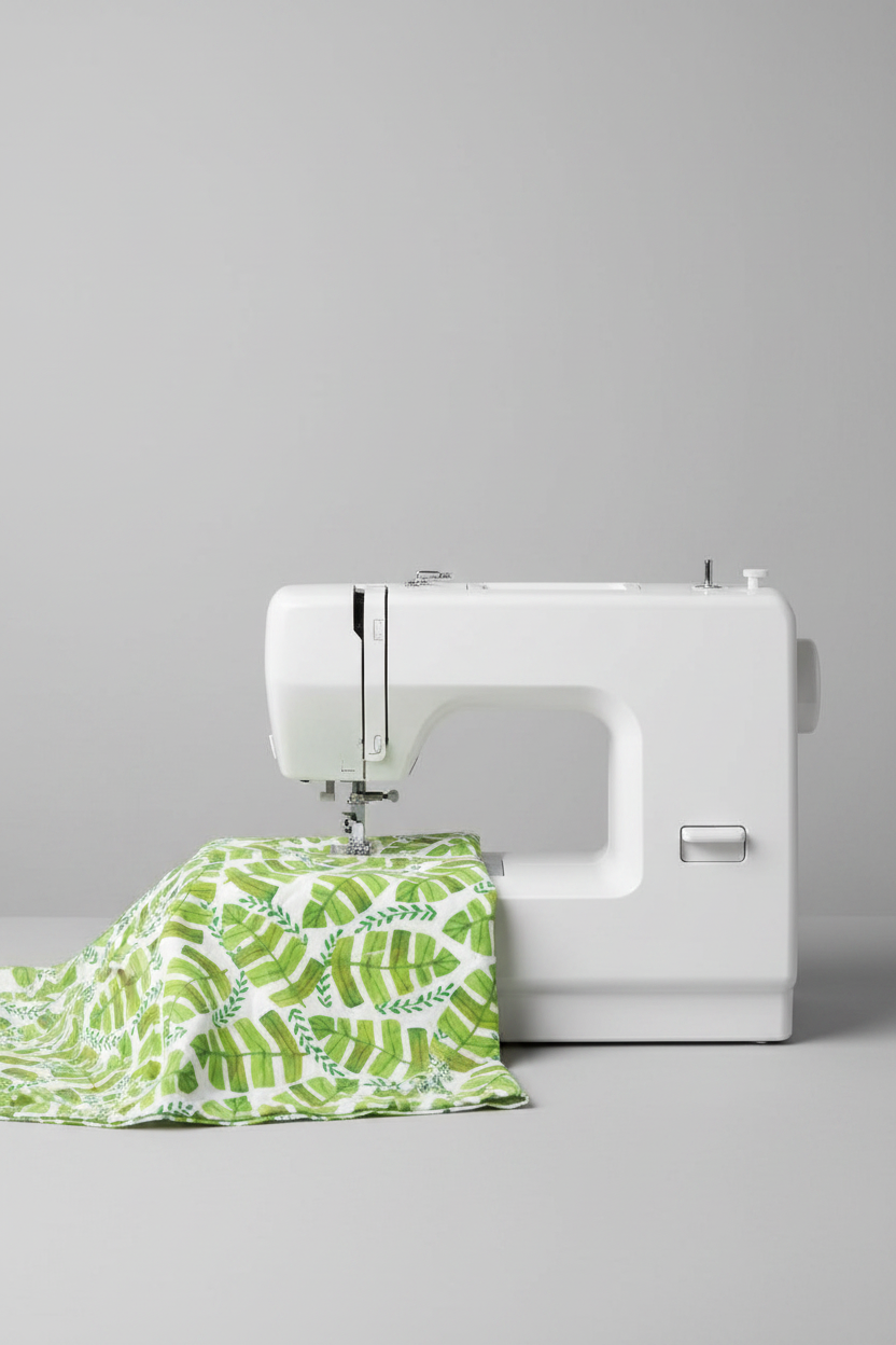 White quilting cotton with watercolor tropical banana leaves and green fern sprigs draped over a modern white sewing machine — Safari Fun Jungle Leaves White by Terry Runyan for Benartex