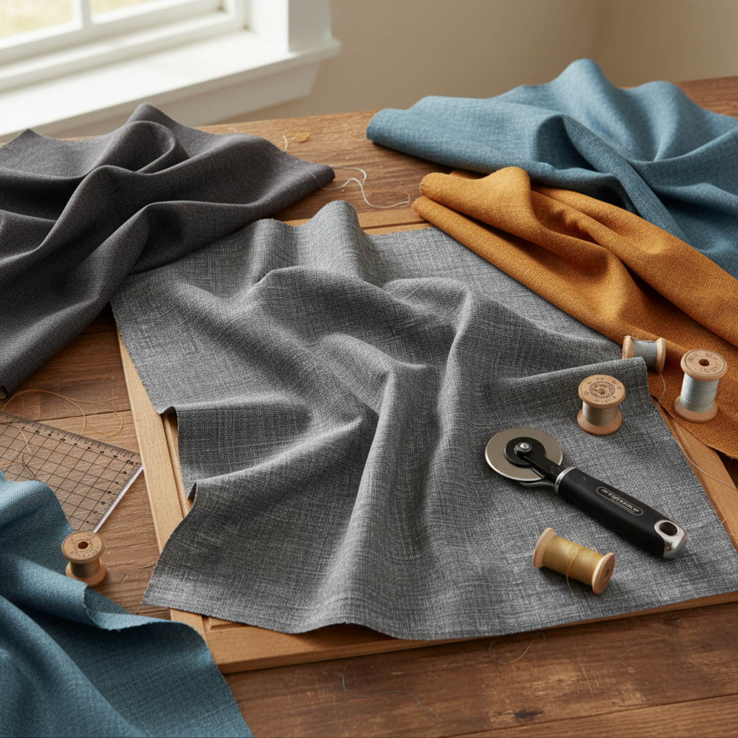 Cool medium-grey Interwoven Slate geometric fabric styled with coordinating Interwoven fabrics in dark slate, charcoal, gold and orange in a cozy quilting sewing room – by Jason Yenter for In The Beginning Fabrics at IraRobi Quilts