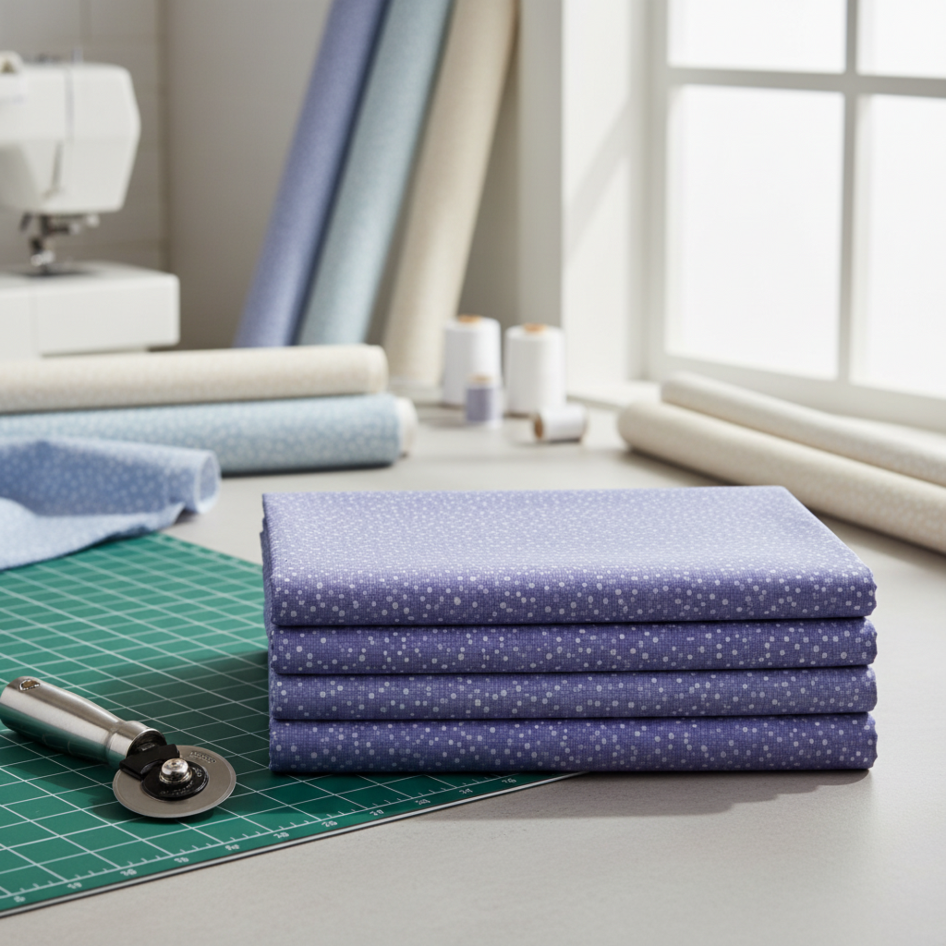 Dotty Thatched Periwinkle fabric by Robin Pickens for Moda Fabrics folded in a neat stack on a light grey surface with a cutting mat and rotary cutter — dreamy periwinkle-blue with scattered tonal dots. Coordinating fabrics and quilt patterns available at IraRobi Quilts.