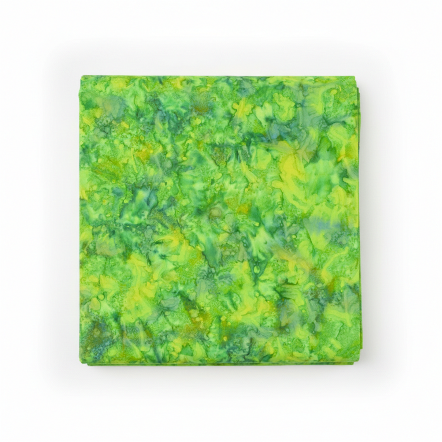 Expressions Batiks Hand-Dyes Shamrock quilting cotton fabric by Riley Blake Designs folded into a neat square showing bright electric lime-green hand-dyed batik with lively chartreuse yellow and soft teal-blue organic mottled overlays – a fresh high-energy tonal blender, 100% cotton batik, 43–44" wide
