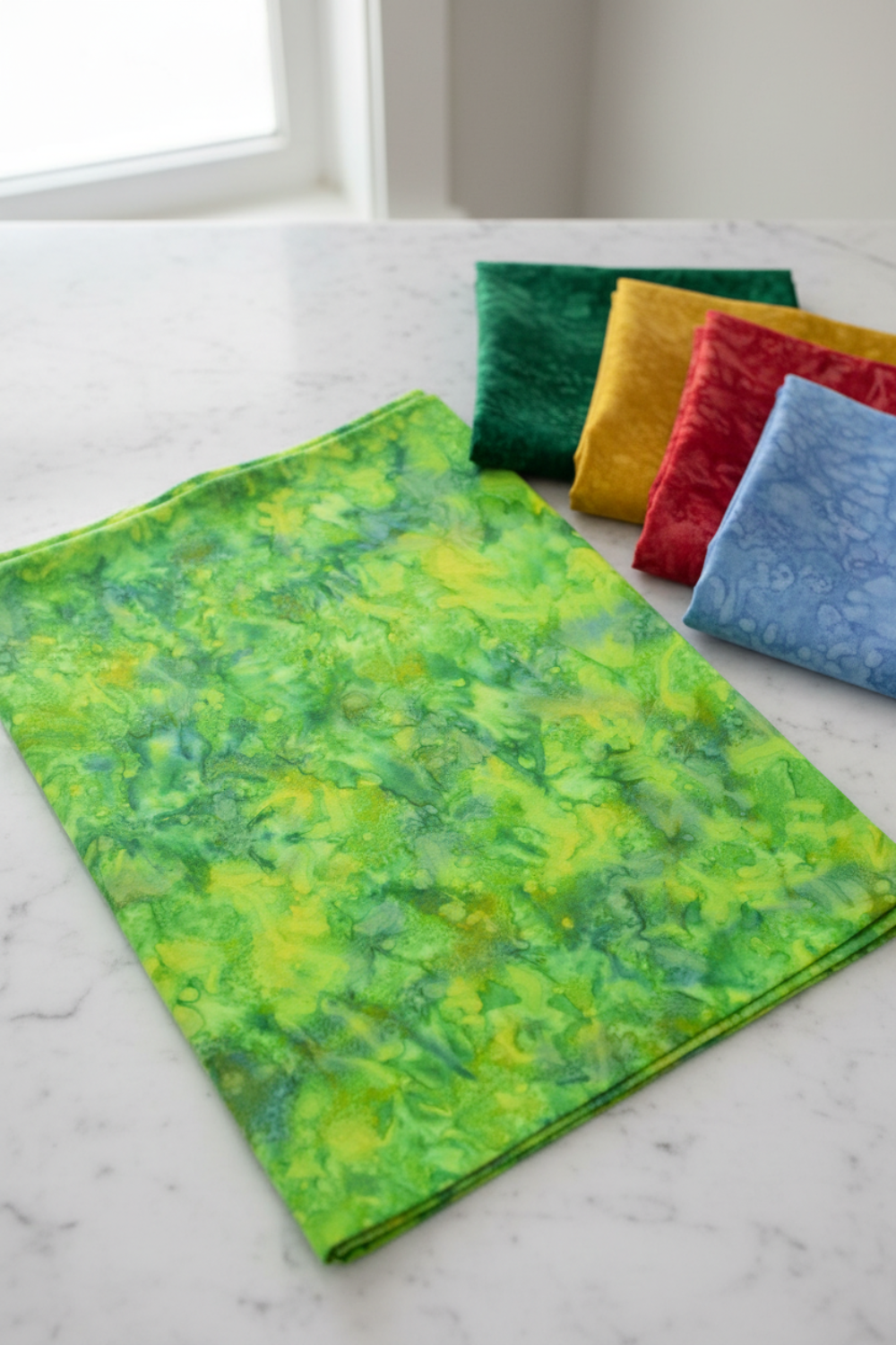 Expressions Batiks Hand-Dyes Shamrock fabric by Riley Blake Designs folded on a white marble surface with coordinating forest green, tomato red, curry yellow, and periwinkle blue tonal batik fabric pieces nearby – bright electric lime-green hand-dyed batik with lively chartreuse yellow and soft teal-blue organic mottled overlays, a fresh high-energy tonal blender perfect for nature-inspired and jewel-tone quilts, 100% cotton batik