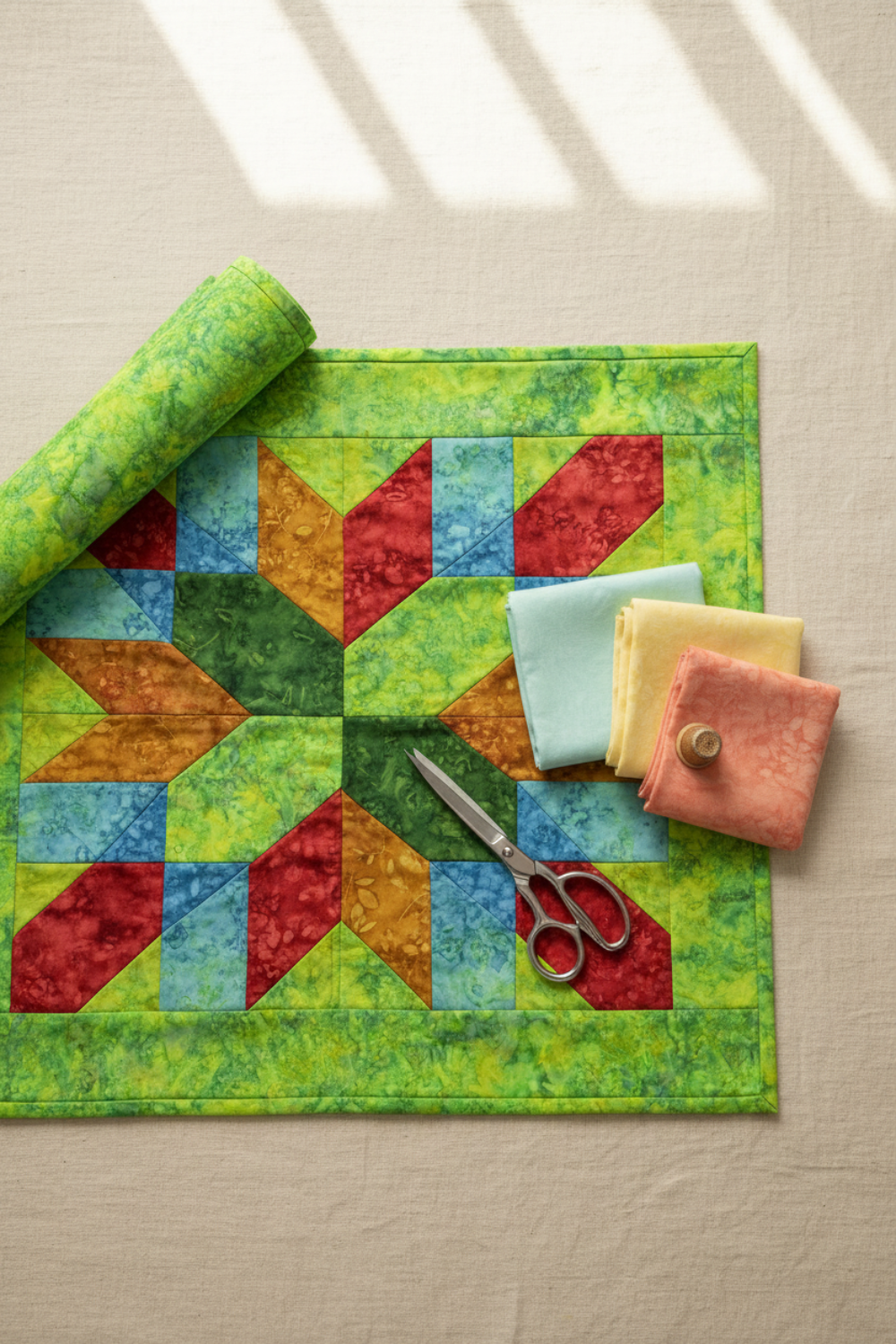 Nature-inspired jewel-tone quilt project flat lay featuring Expressions Batiks Hand-Dyes Shamrock fabric by Riley Blake Designs as the focal fabric – bright electric lime-green hand-dyed batik with chartreuse yellow and teal-blue mottled overlays in pieced blocks with coordinating forest green, tomato red, curry yellow, and periwinkle blue tonal batiks on a warm linen surface
