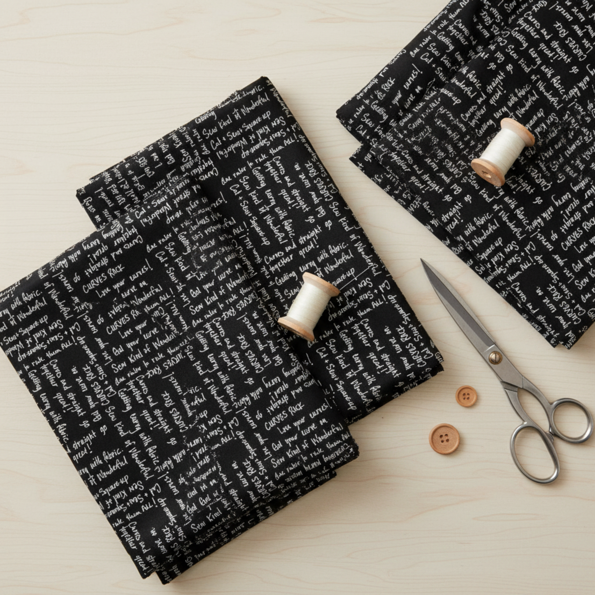 Writing on the Wall Curves Black quilting cotton folded stack with thread spool and scissors – Sew Kind of Wonderful for FreeSpirit Fabrics