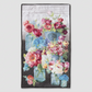 Vase with Flowers handmade wall quilt featuring pink, red, white, and blue blooms in blue glass jars, with diagonal quilting and dark binding against light grey.